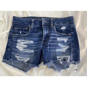 American Eagle Womans 6 Midi Shortie Distressed Cut-off Denim Stretch Shorts